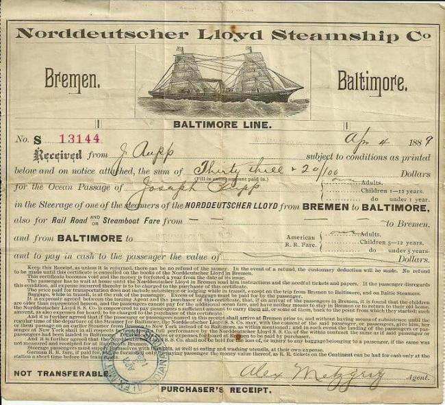 Combined steamship and railroad ticket from Bremen to Indianapolis through Baltimore, for $33.20 from April 4, 1889.