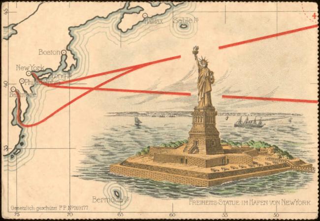 Postcard showing the North German Lloyd shipping routes to New York and Baltimore, 1898.
