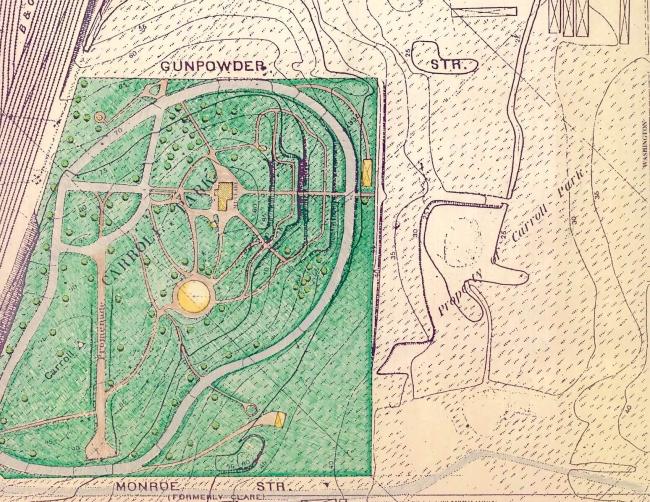 Green-shaded area shows the West Baltimore Schuetzen Park on the former Carroll plantation lands.