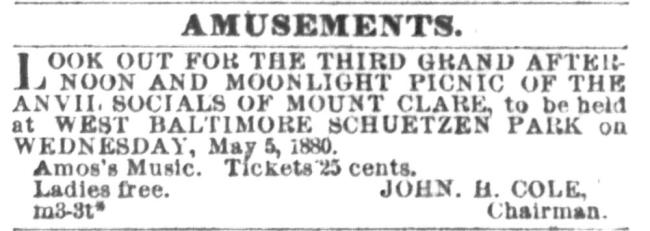 Baltimore Sun classified ad for a picnic at the Schuetzen Park, May 4, 1880.