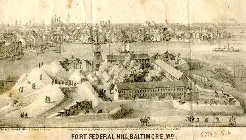 Bird's-eye view of the enclosed fort on Federal Hill overlooking the Inner Harbor. 