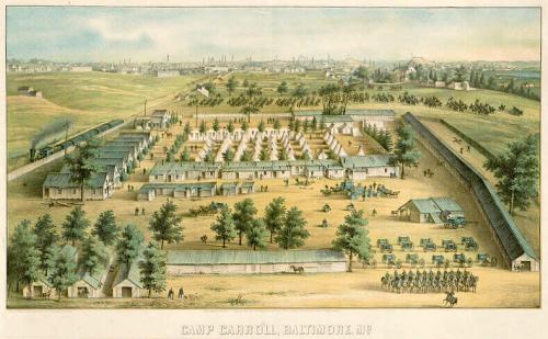 Baltimore mapmaker E. Sachse & Co.’s 1862 birds-eye view of Camp Carroll. Mount Clare mansion is in the back, right corner amongst the trees.