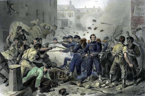Massachusetts Militia being attacked by pro-secessionist Marylanders during the Baltimore Riot. Engraving by F.F. Walker, 1861.