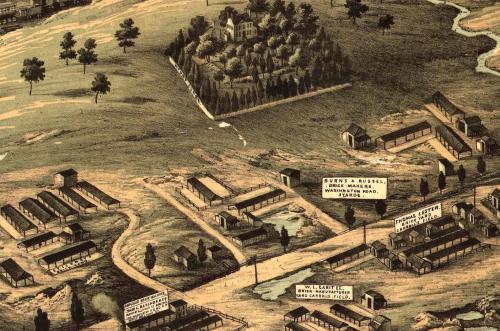 Detail from the brickyards at Mount Clare from the 1869 E. Sachse & Co. bird’s-eye view of Baltimore map. The house is in the fenced enclosure at the top center.
