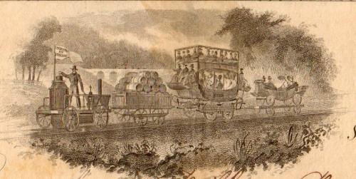 Etching from an 1840 stock certificate showing the original steam locomotive, dubbed Tom Thumb.