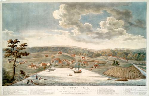 The Port of Baltimore was long a backwater town with roughly 200 inhabitants, 25 houses, one church, two taverns, and one brewery. Engraving by William Strickland in 1817, based on a 1752 sketch by John Moale.