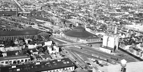 Aerial view of the Mount Clare Shops circa 1971. The Mount Clare Station is in front of the large circular building, known as the Roundhouse, seen at the center-right.