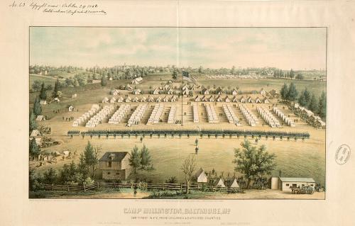 Bird’s-eye view of Camp Millington in Baltimore, Md, housing the 128th New York Infantry Regiment from Columbia and Dutchess Counties, by E. Sachse & Co., 1862.