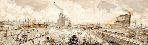 In 1849 the B&O extended its tracks to the deepwater port at Locust Point where passengers and freight could be transferred to trains. Lithograph by J.D. Ehlers Co.