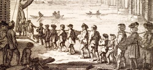 Convicts being loaded on to a ship at Black Friars Bridge, London.