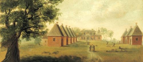 View of quarters of enslaved workers on Mulberry Plantation, in South Carolina, by Thomas Coram, c. 1800.