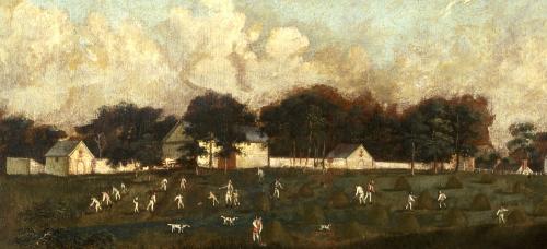 Enslaved field hands in rough-hewn woven clothes working in the fields near their quarters at Perry Hall, which became a Carroll property through marriage. Painting by Francis Guy, circa 1805.