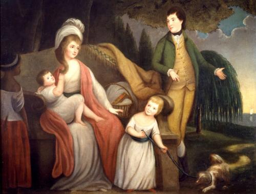 The family of Alexander Contee Hanson with enslaved child by Robert Edge Pine, c. 1787. A member of the wealthy gentry class, he was an attorney and served as a judge in Maryland.