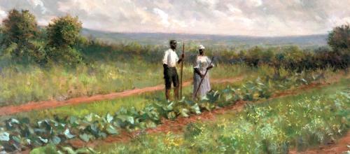 Enslaved couple working in their garden, from a series by artist Nathanial K. Gibbs imagining enslaved life at Monticello.