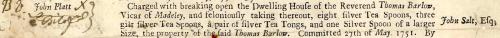 Formal charges against John Platt published in advance of his trial on July 24, 1751.