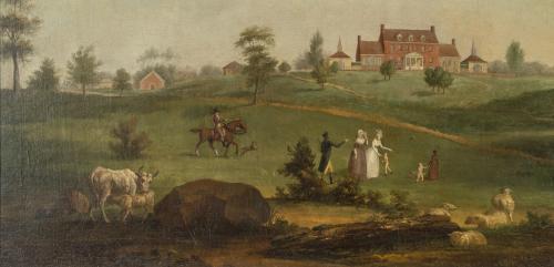 Detail from a painting of Perry Hall, formerly attributed to Guy Francis, c. 1803. Shows the family of James Maccubbin Carroll (on horseback), including his in-laws, wife, and young children. There is also an enslaved child serving as a caregiver/playmate. 