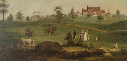 Detail from a painting of Perry Hall, formerly attributed to Guy Francis, c. 1803. Shows the family of James Maccubbin Carroll (on horseback), including his in-laws, wife, and young children. There is also an enslaved child serving as a caregiver/playmate.