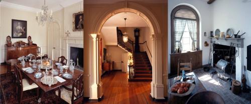 The staircase is the most elaborate example of original woodworking remaining in the house. The dining room features furniture, sterling silver, export Chinese porcelain, and crystal owned by the Carroll family. The replica kitchen was created in 1960 and added to the museum after this wing served more than 50 years as the men’s bathhouse for the surrounding park.