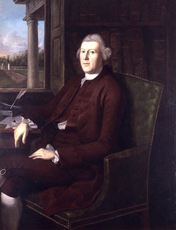 Portrait of Charles Carroll, Barrister, with portico columns from the carriage front of Mount Clare, by Charles Willson Peale, 1770.