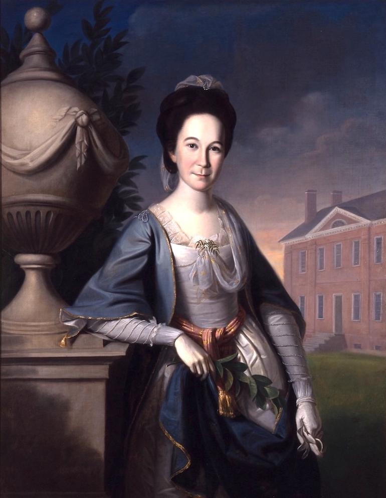 Portrait of Margaret Tilghman Carroll with the garden front of Mount Clare, by Charles Willson Peale, 1770.
