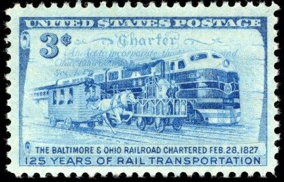 Stamp commemorating 125th anniversary of railroading in the U.S. highlighting the original B&O company charter from 1827.