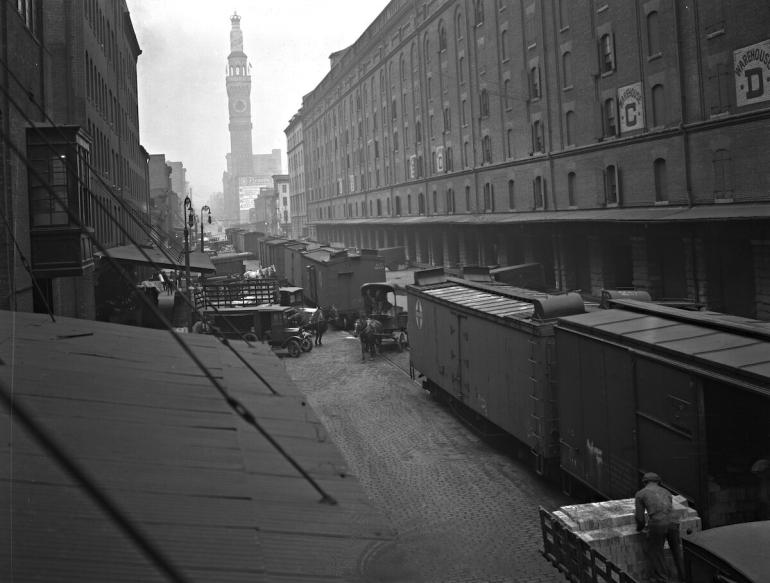 The B&O Warehouse, circa 1928, built of Burns & Russell brick. Today the structure is part of Orioles Park at Camden Yards.