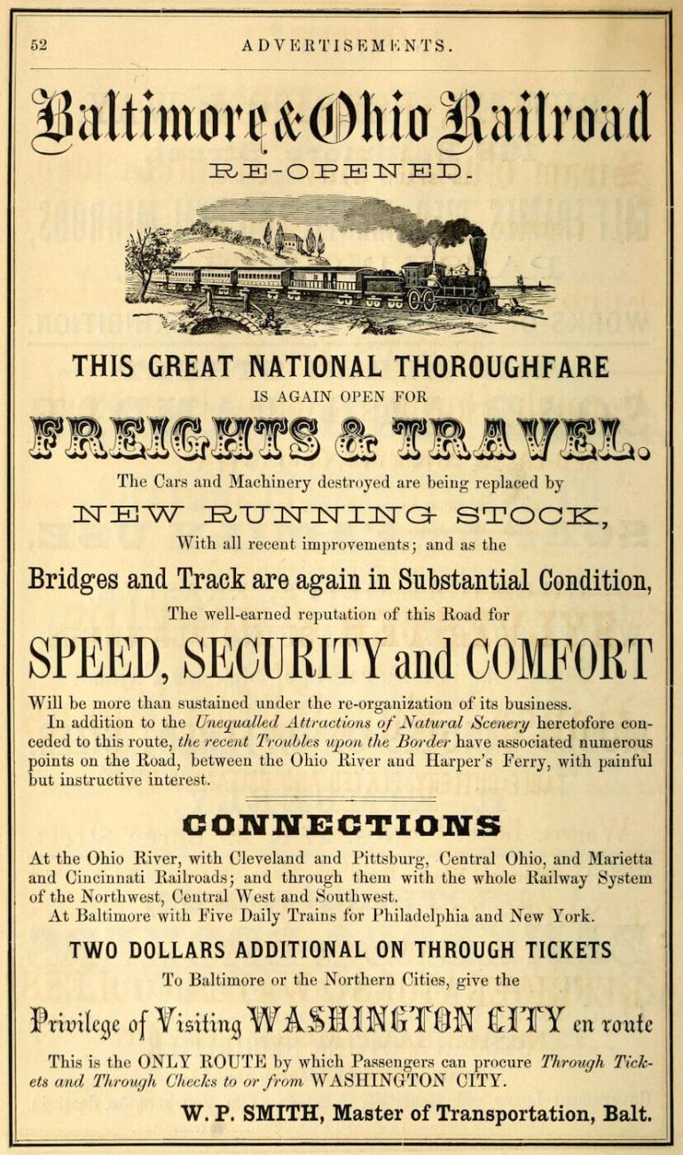 B&O advertisement from 1864 highlighting that Civil War closures had ended and war damage had been repaired. From Wood’s Baltimore City Directory, courtesy of the University of Maryland, College Park.