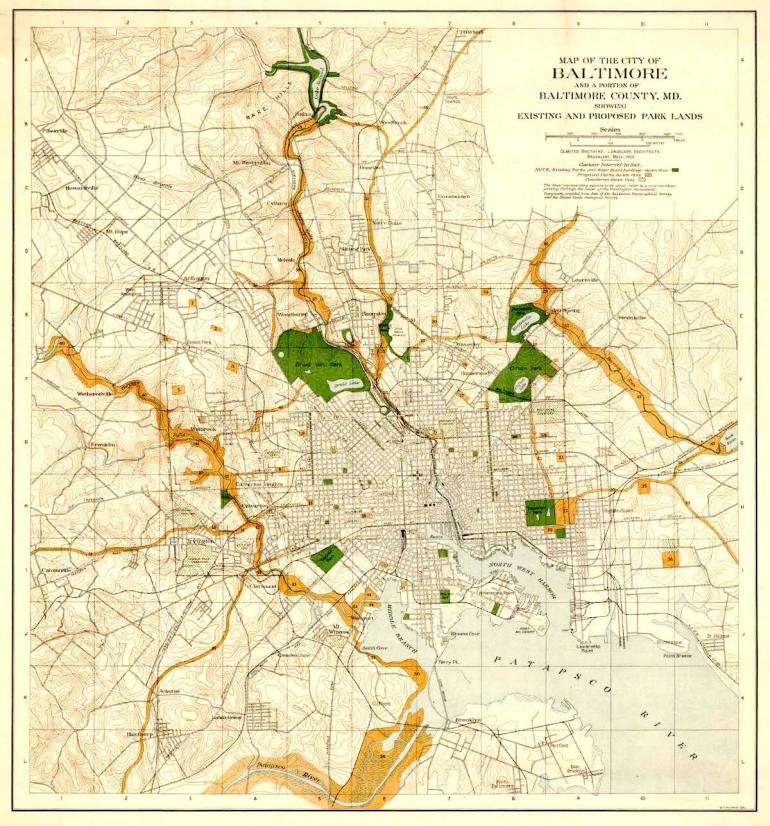 The Olmsted Brothers plan to encircle the city with a necklace of greenways.