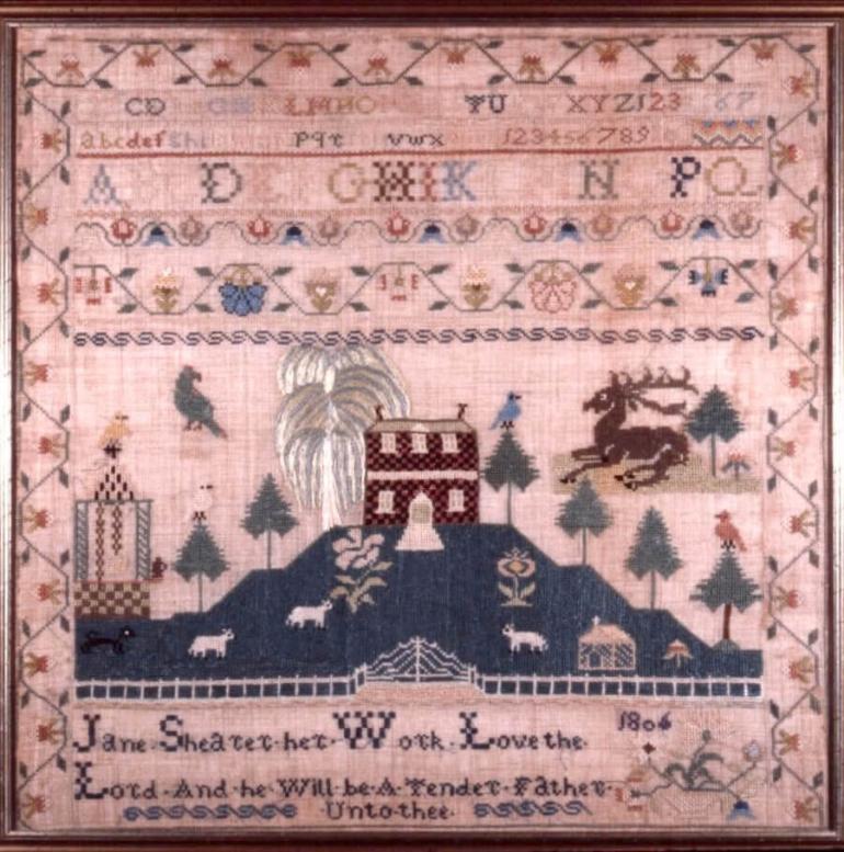 Sampler of a brick house with terraced gardens made by schoolgirl Jane Shearer, 1806.