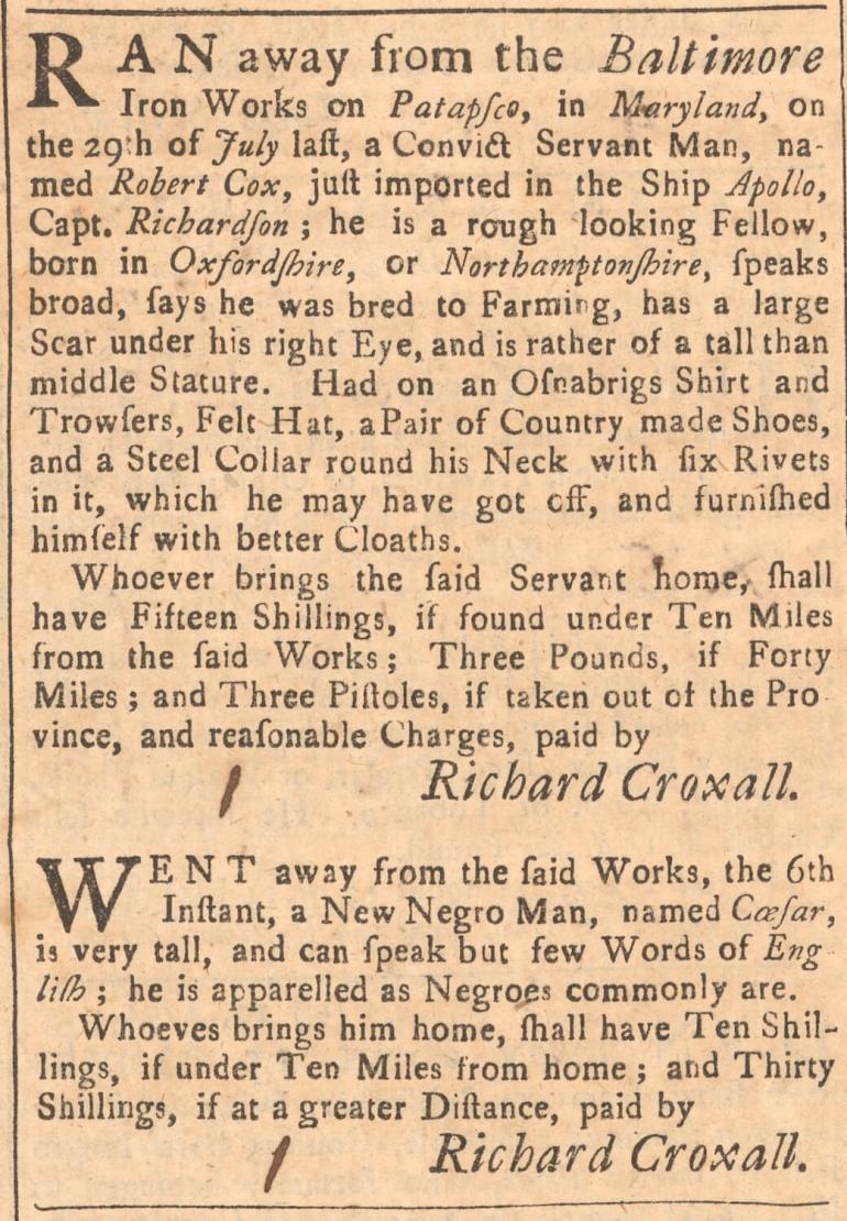 Freedom seeker advertisement run in the Maryland Gazette, August 1754