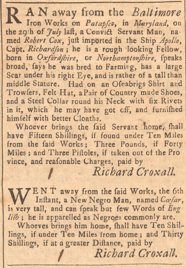 Freedom seeker advertisement run in the Maryland Gazette, August 1754