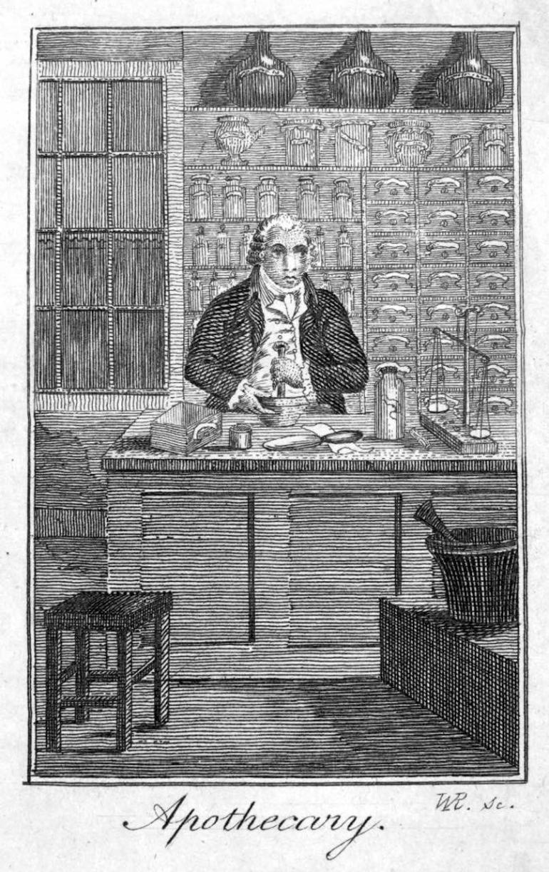 An 18th century apothecary was trained, through an apprenticeship, to diagnose illness, compound medicines, and perform surgery, from The Book of Trades or Library of Useful Arts, London, 1807. 