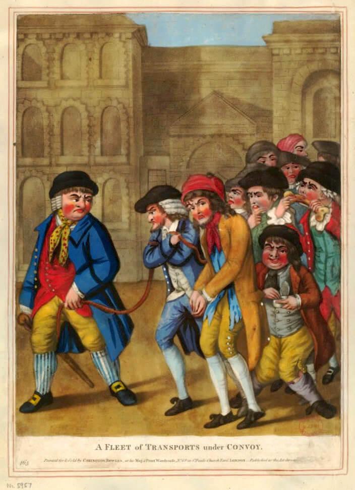 A man leads prisoners sentenced to transportation past London’s Newgate Prison, 1781. Convict traffic ceased during the American Revolution, and then was redirected to Australia in 1787. Prisoners were housed in ship hulks in the Thames River during the interim.