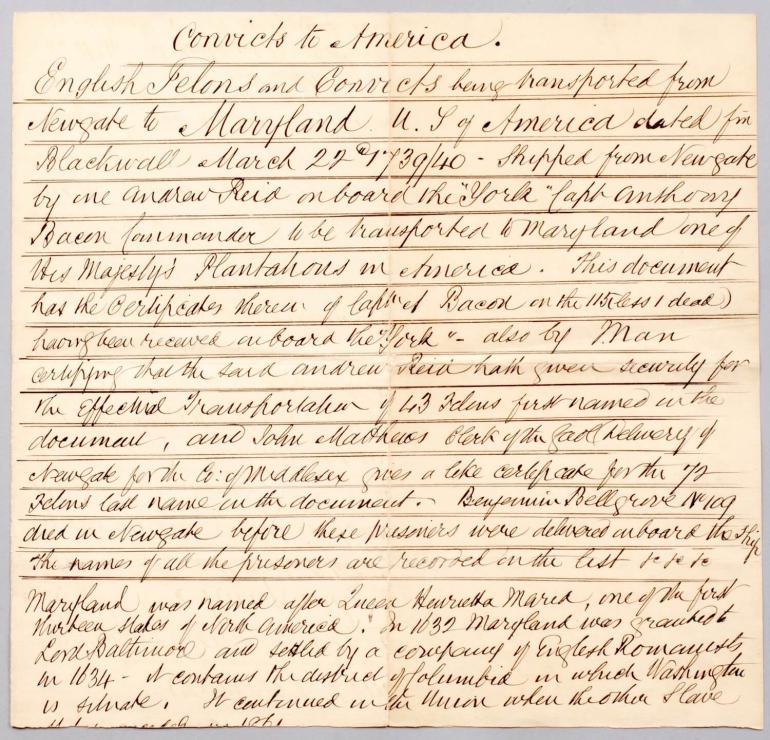 Certification that 115 (less one dead) felons and convicts were delivered from Newgate prison in London to Maryland on the York, captained by Commander Anthony Bacon, beginning on March 22, 1739.