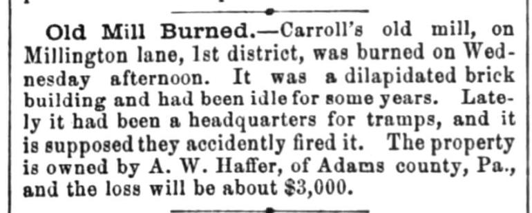 Article on the loss of Millington Mill from The Baltimore County Union, May 2, 1885.