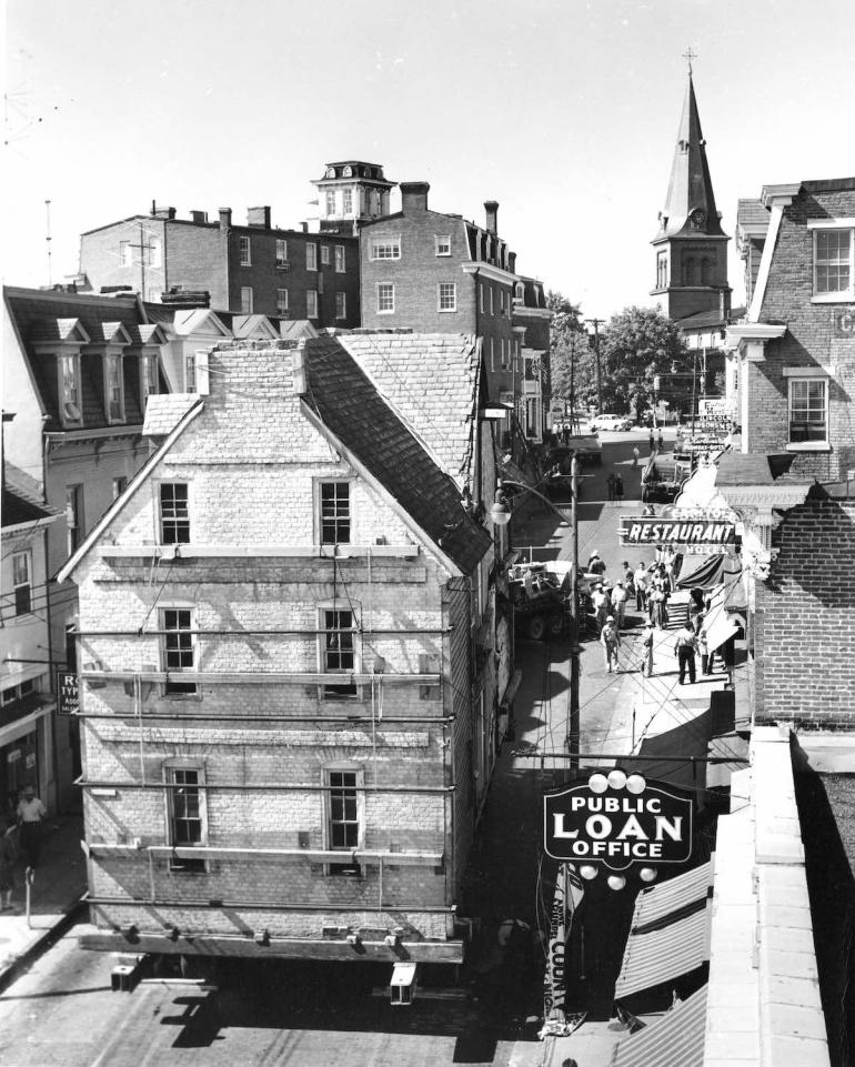 The Charles Carroll Barrister house being moved from downtown Annapolis to St. Johns College, Oct. 1955.