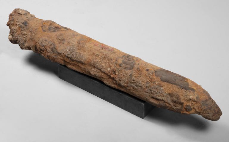 Bar of pig iron from 1753, now largely corroded and rust-covered. Made at a rival ironworks, the Nottingham Forge in White Marsh, Maryland.