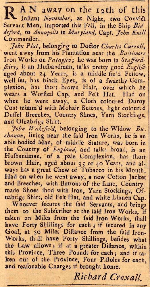 First escape attempt by John Platt, less than three months after arriving in Maryland.