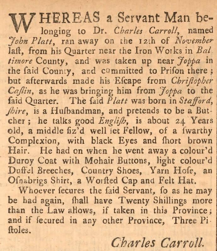 John Platt runs away again after being recaptured, Maryland Gazette, November 30, 1752