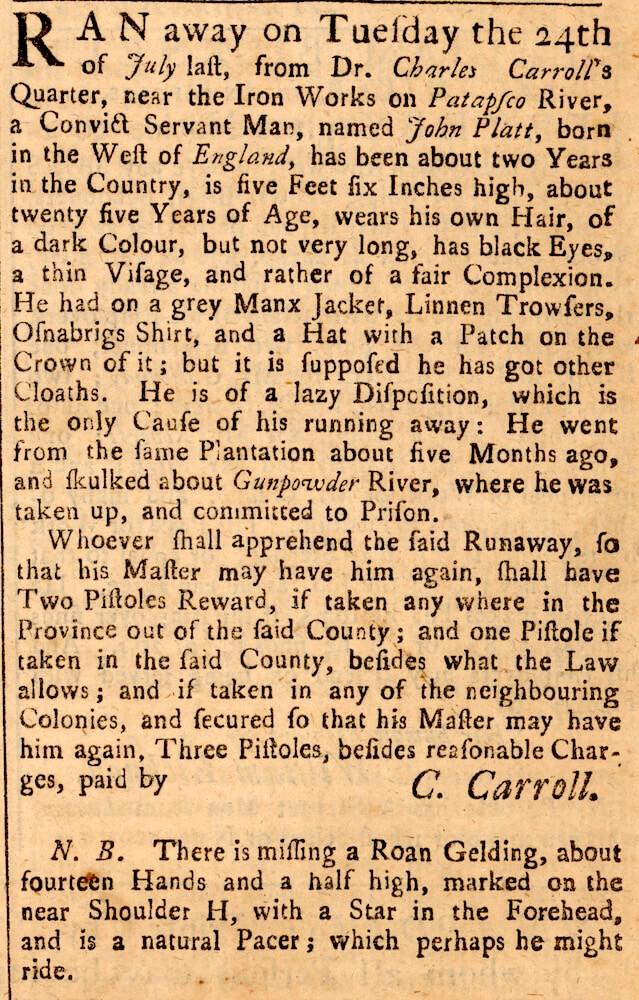 Third attempt at freedom by John Platt, Maryland Gazette, August 16, 1753.