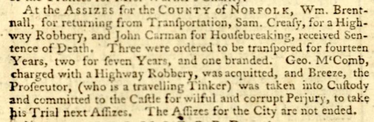 John Carman is sentenced to death for housebreaking and returning before his sentence was served. Ipswhich Journal, August 18, 1764.