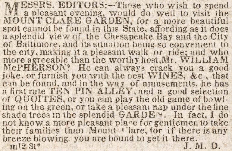 A nineteenth-century equivalent of an influencer ad recommending Mount Clare in the Baltimore Sun, May 14, 1846.