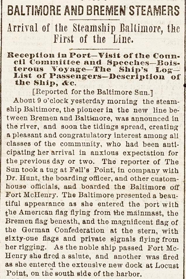 The arrival of the S.S. Baltimore was met by a cannon salute from Fort McHenry authorized by the War Department.