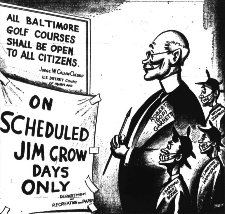 Political cartoon focusing on the Park Board, led by Robert Garrett, the Olympian and former President of the Public Athletic League, who strongly opposed the racial integration of the city’s public facilities.