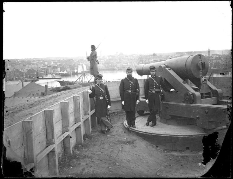 Union troops on Baltimore’s Federal Hill, with cannons pointed directly at the city’s central business district, circa 1862.