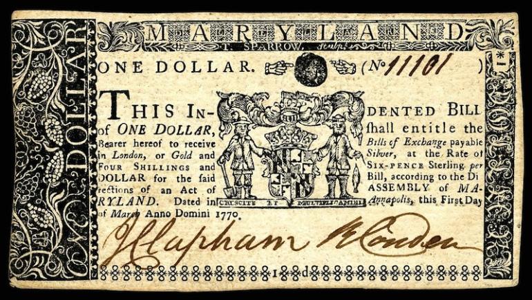 One-dollar colonial currency from the province of Maryland, 1790.