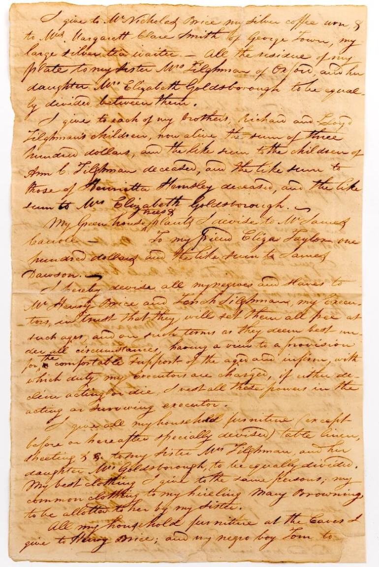 Section of Margaret’s handwritten will that deals with her enslaved workers, 1817.