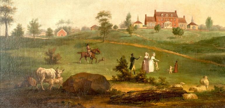 Detail from a painting of Perry Hall, formerly attributed to Guy Francis, c. 1803. Shows Prudence Carnan Gough (in a dark dress), with her husband (turned away), daughter (white dress), son-in-law (horseback) and young grandchildren.  There is also an enslaved child serving as a caregiver/playmate.
