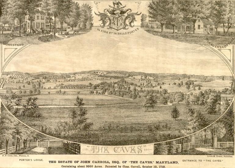 View of The Caves, then owned by Carroll descendent John Carrol, Esq. by P. F. Goist from, History of Baltimore City and Country, from the Earliest Period to the Present Day, by John Thomas Scharf, 1881.