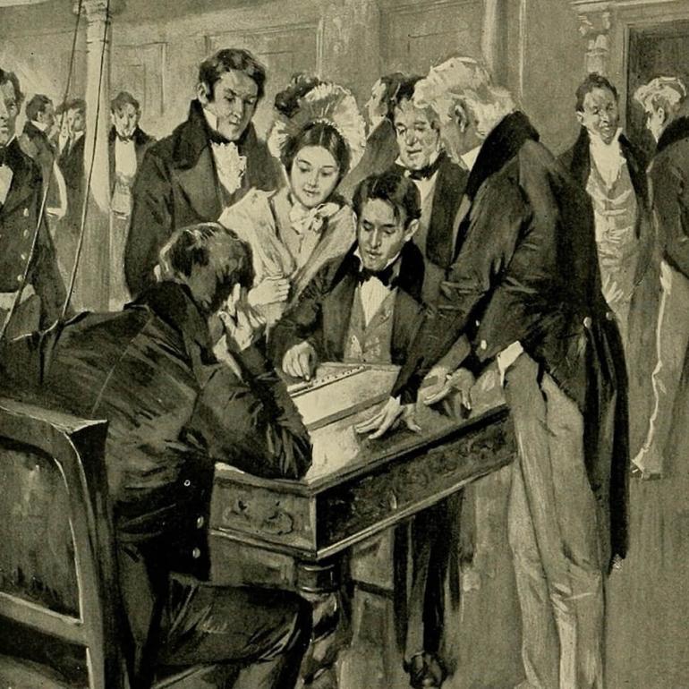 Samuel Morse sending the first telegraph as dictated by Annie Ellsworth from the U.S. Capitol to his colleague Alfred Vail in Baltimore.